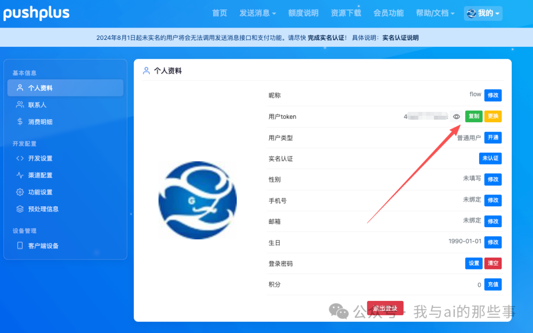 PushPlus 个人中心复制 Token 页面