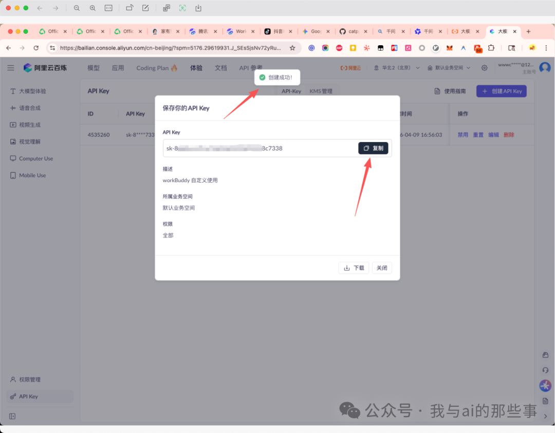 API Key 创建成功并复制密钥