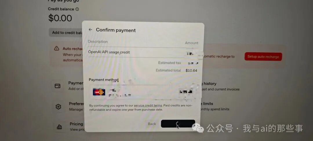 充值 10 美元确认支付页面