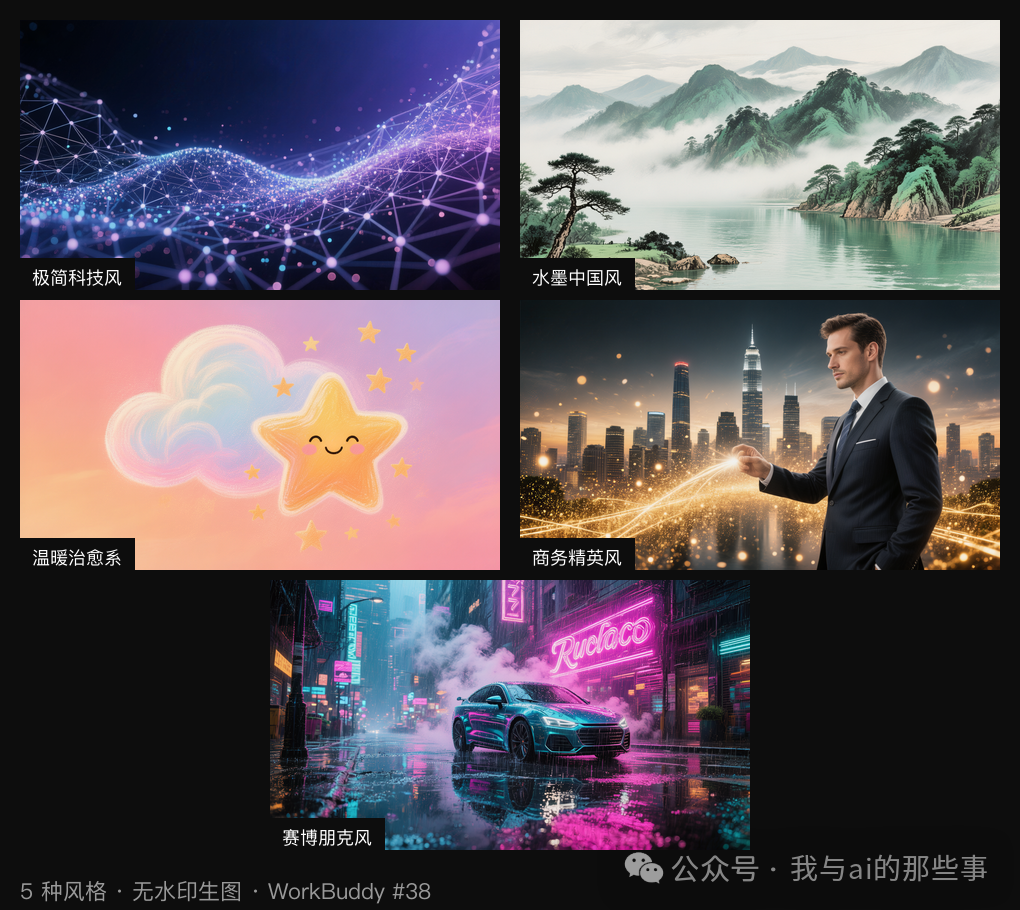 5 种风格无水印生图测试（30 秒完成）
