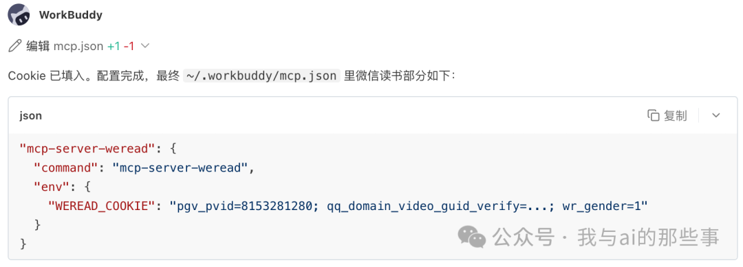 Cookie 填入 mcp.json 配置完成